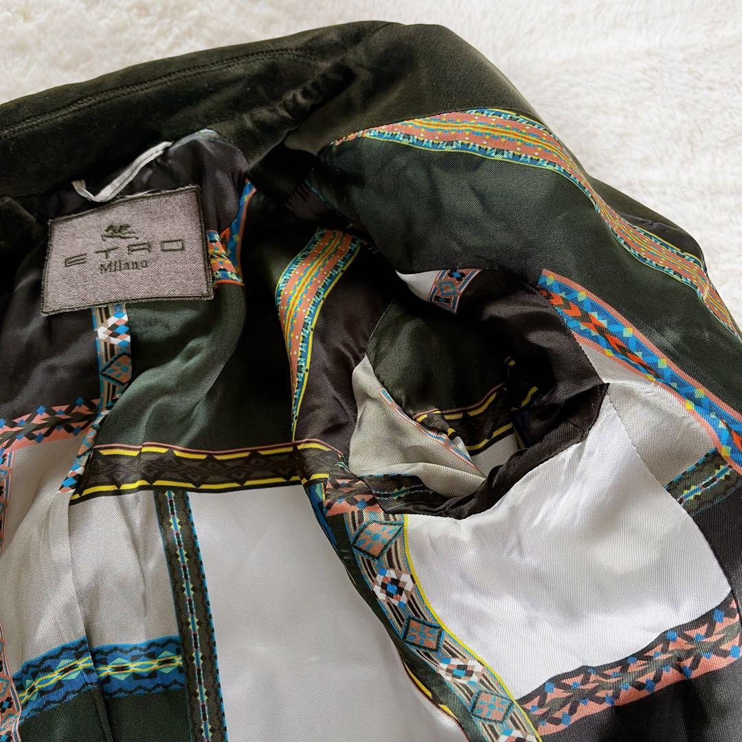 希少✨【エトロ】ベロア テーラードジャケット ダークグリーン 裏地総柄 42