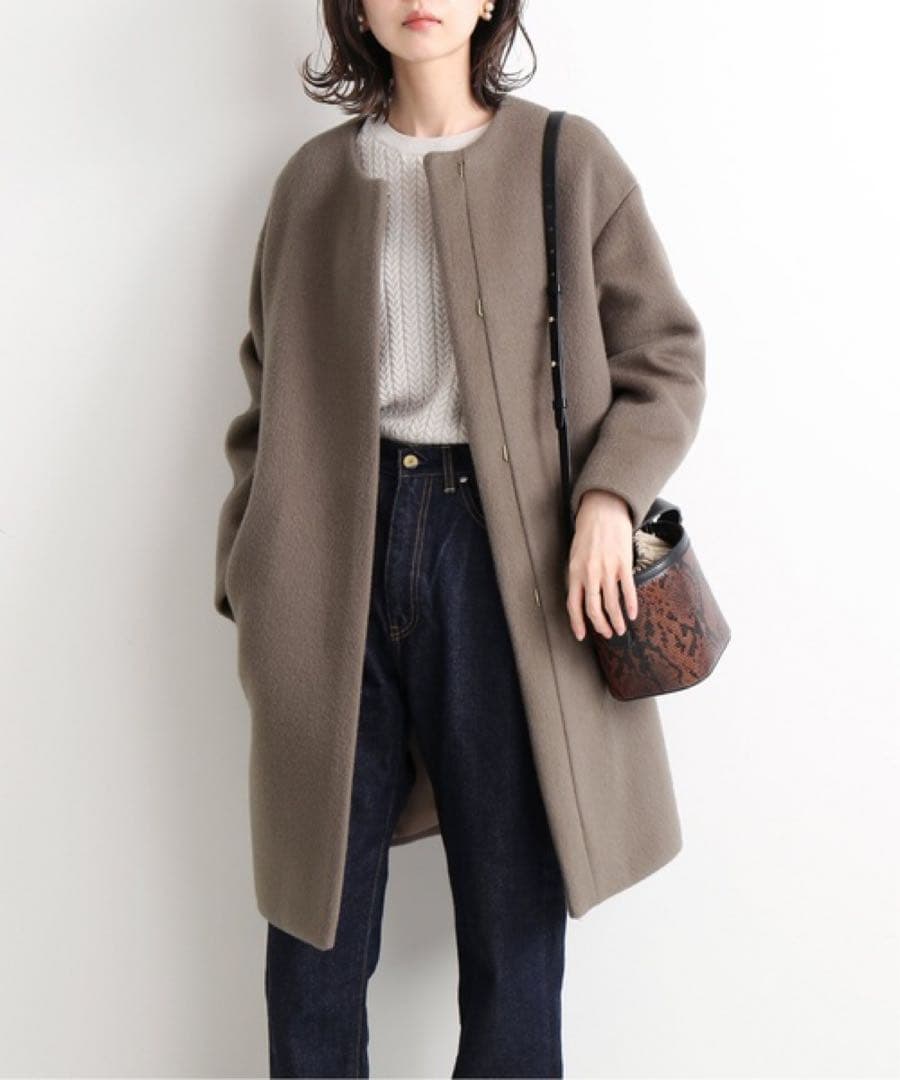 【美品】IENA ラムウールノーカラーコート　38 グレージュ