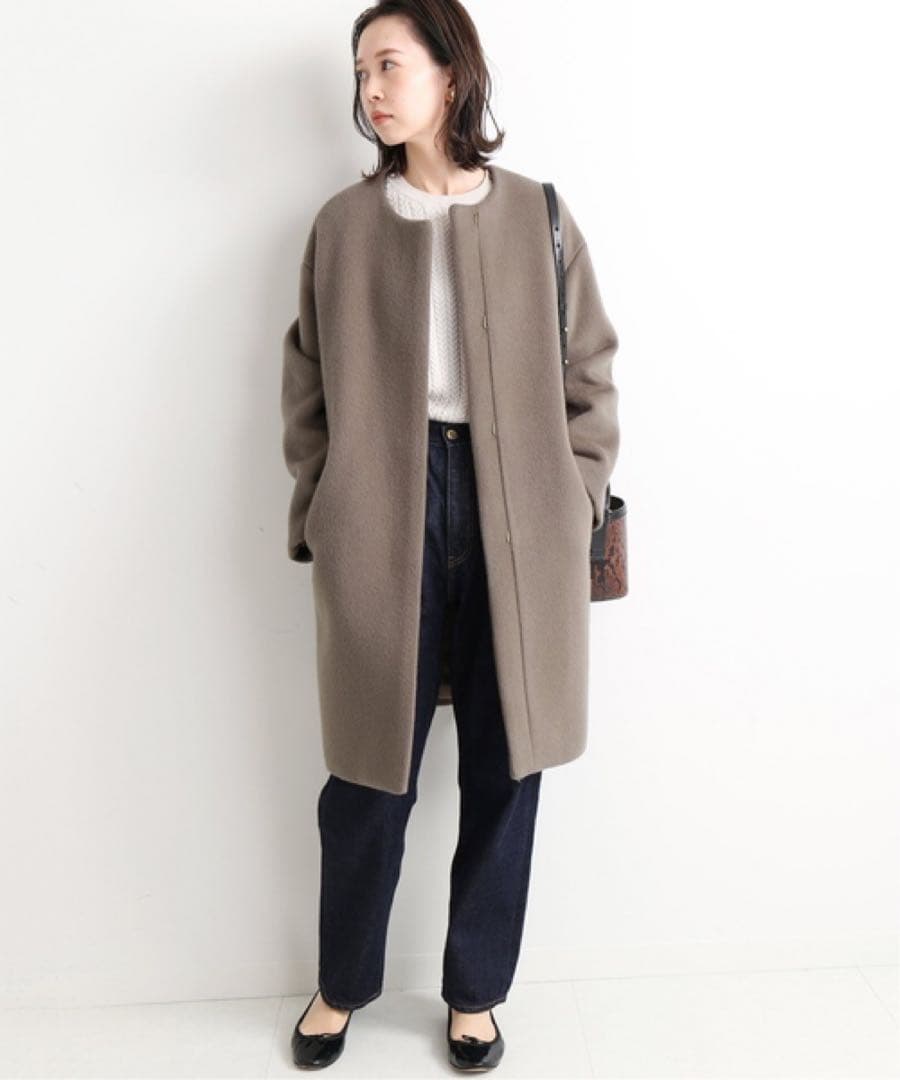 【美品】IENA ラムウールノーカラーコート　38 グレージュ