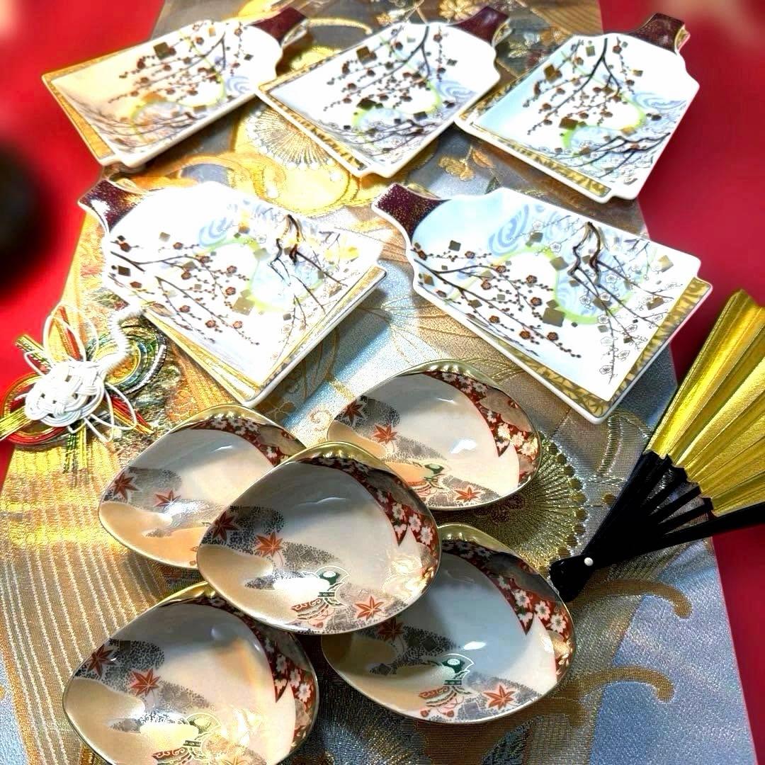 前畑陶器　庫山窯初梅　羽子板皿　春秋貝型　珍味入れ　豪華箸置き　No.4-47