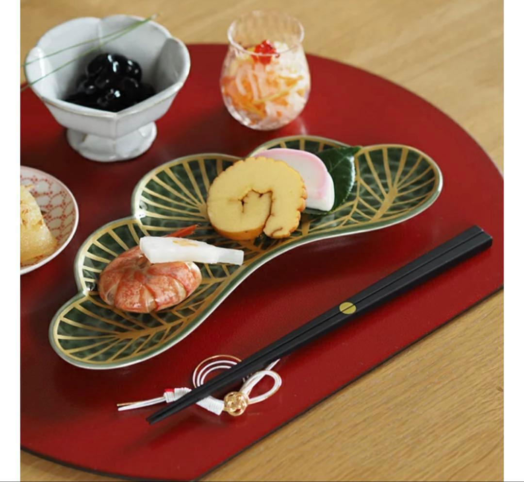 coccoご依頼品　有田焼　幸楽窯　錦金松葉形前菜皿　茶緑金　6点セット