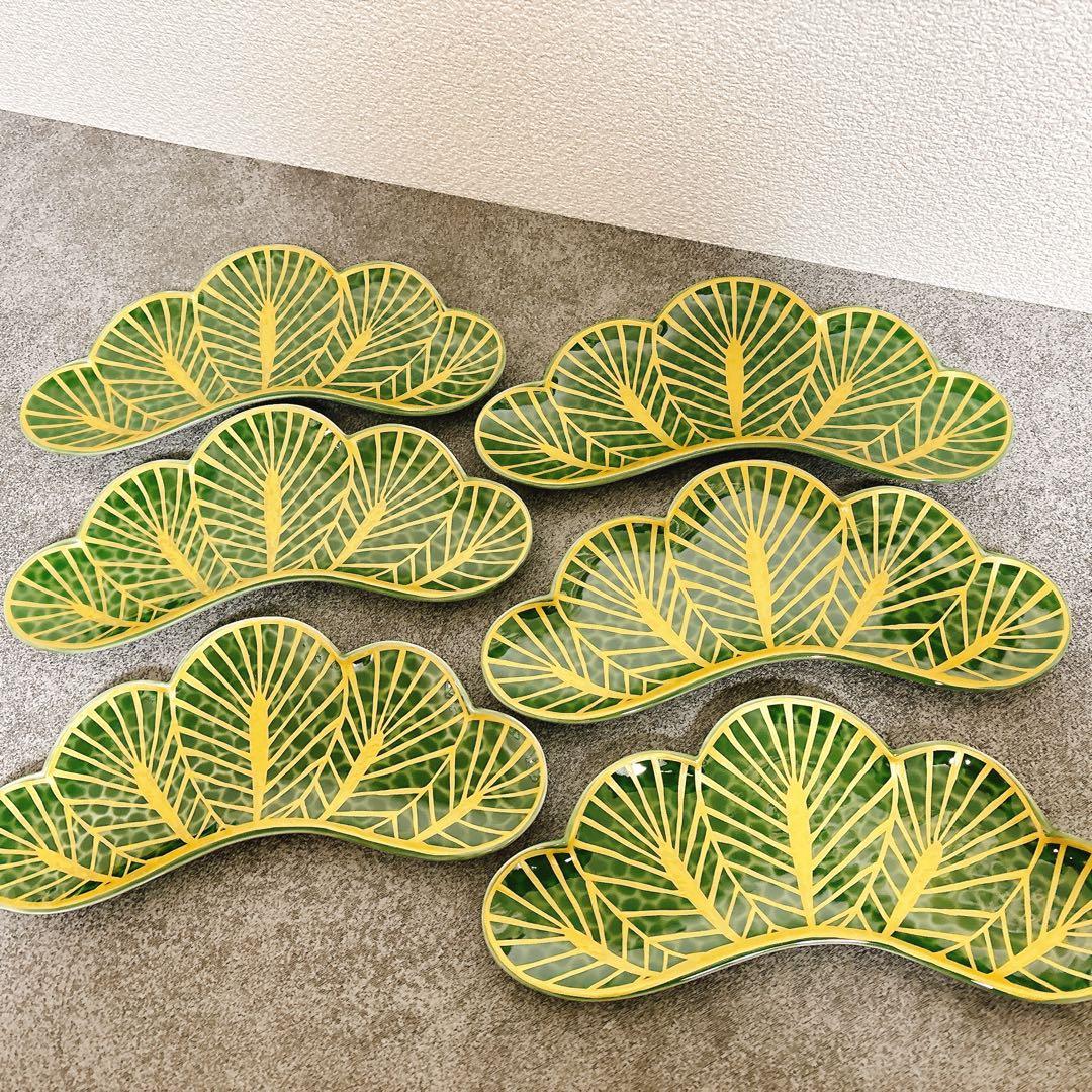 coccoご依頼品　有田焼　幸楽窯　錦金松葉形前菜皿　茶緑金　6点セット