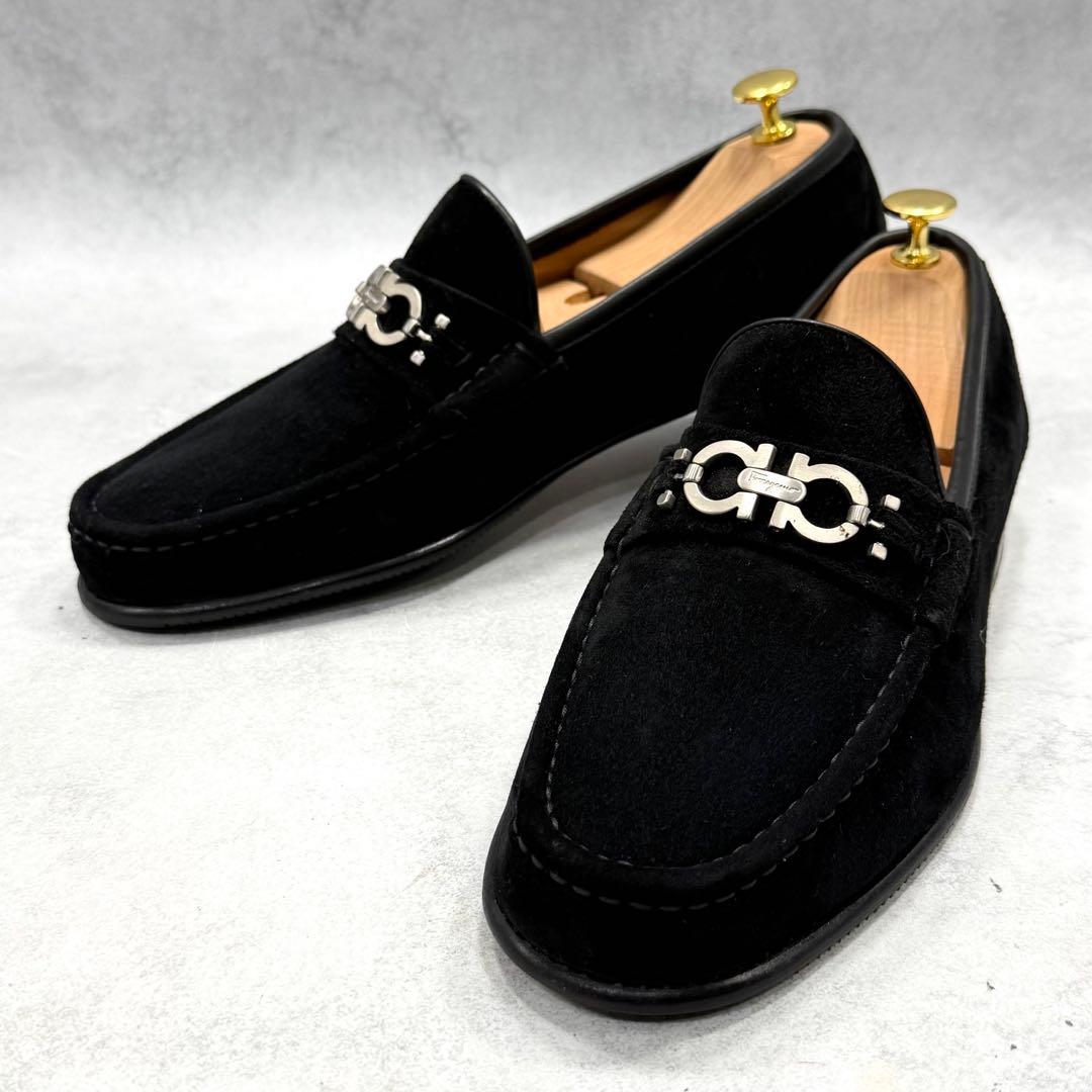 フェラガモ メンズ ローファー 28cm ガンチーニ スエード ブラック 黒