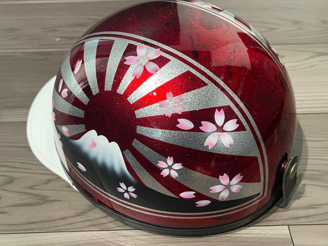 レッドラメ 富士日章 コルク半 ヘルメット 桜 暴走族 旧車會
