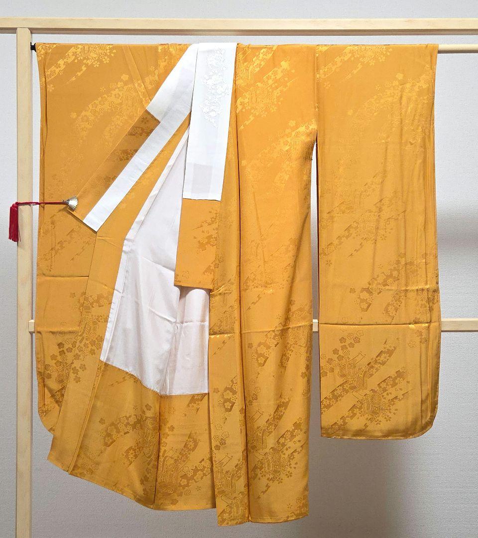 C◆着物くつろぎ 美品 振袖用襦袢 桜に御所車模様 カラシ色 正絹 襦袢 着物