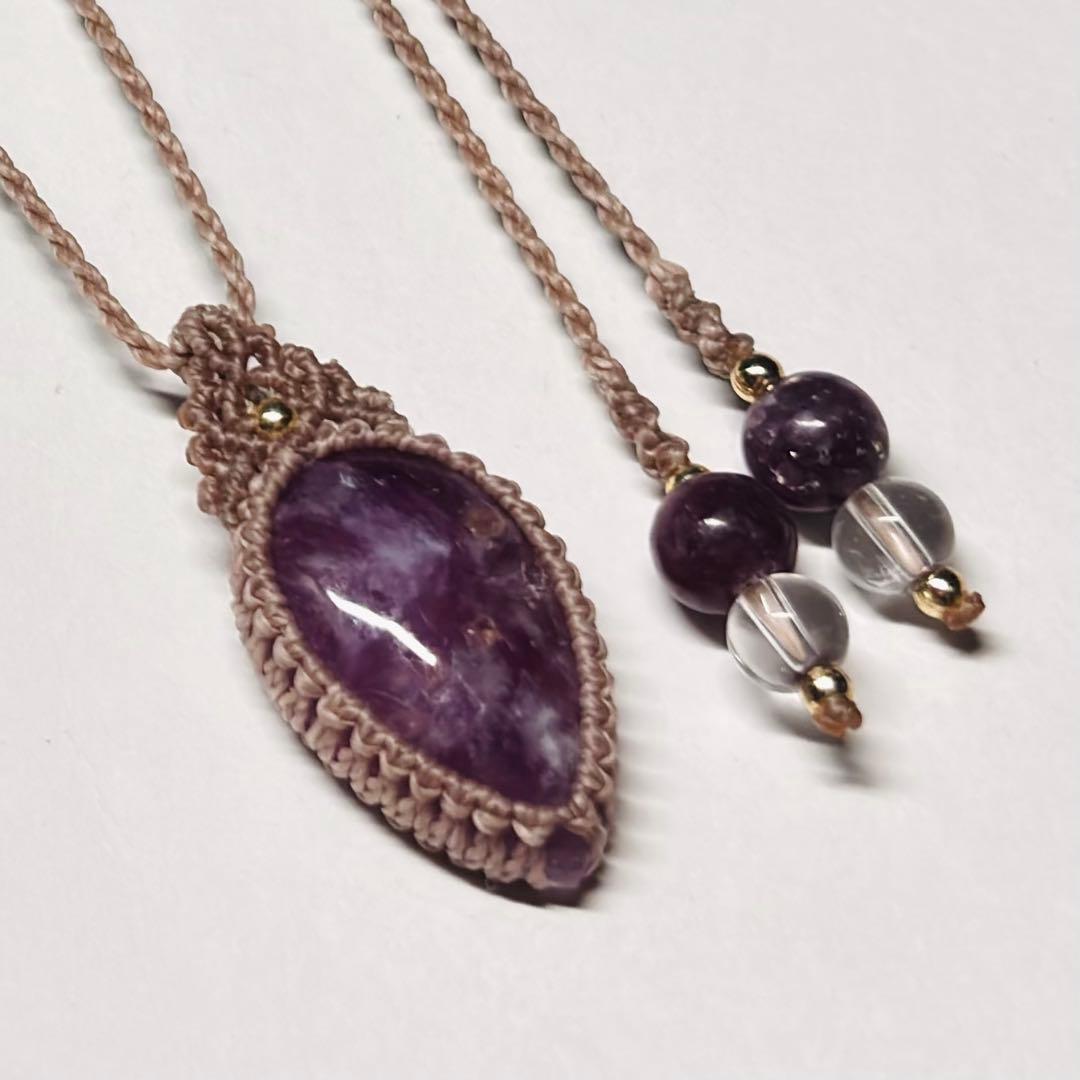 #2145 ♡レピドライトシリカ&水晶天然石♡マクラメネックレス　ペンダント