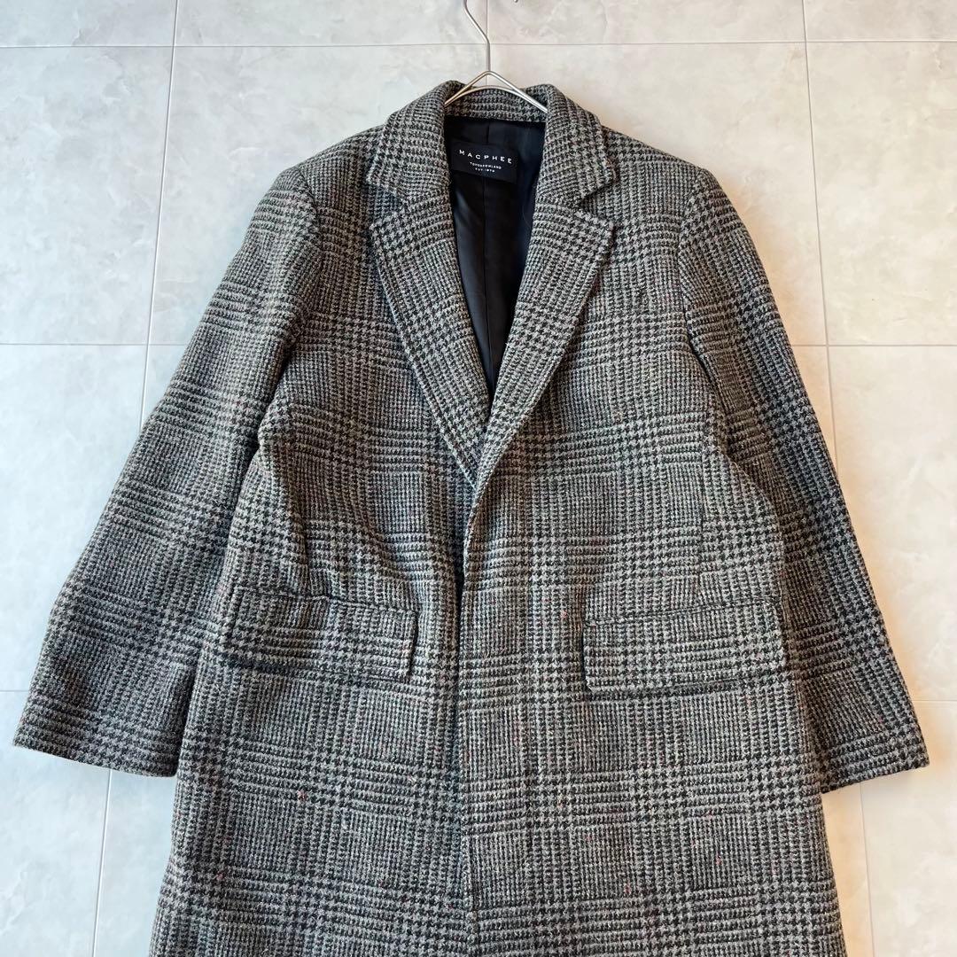 MACPHEE マカフィー 上質ウールグレンチェックロングコートグレー34