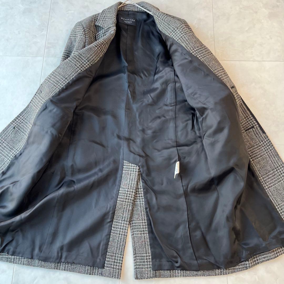 MACPHEE マカフィー 上質ウールグレンチェックロングコートグレー34