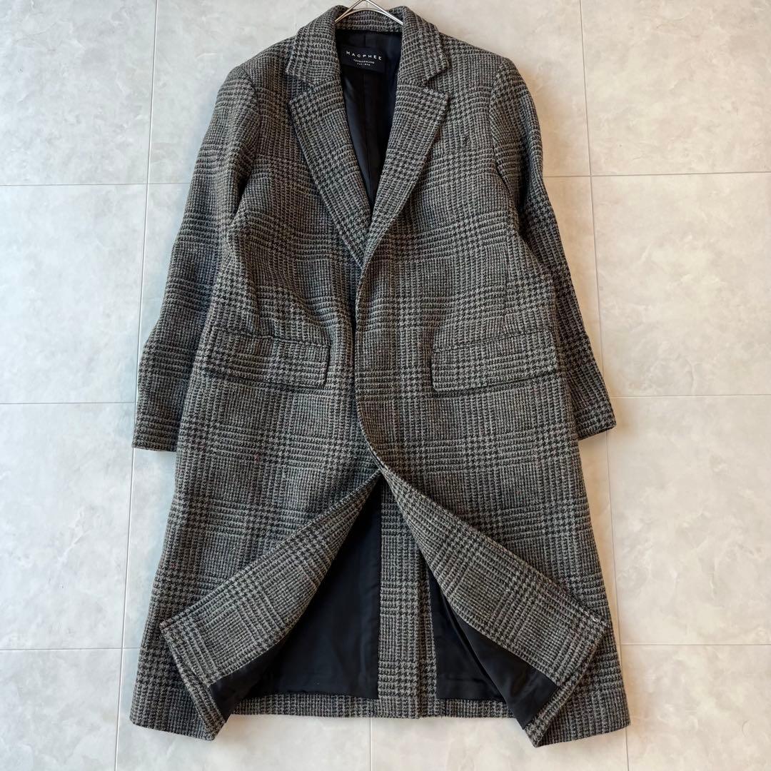 MACPHEE マカフィー 上質ウールグレンチェックロングコートグレー34