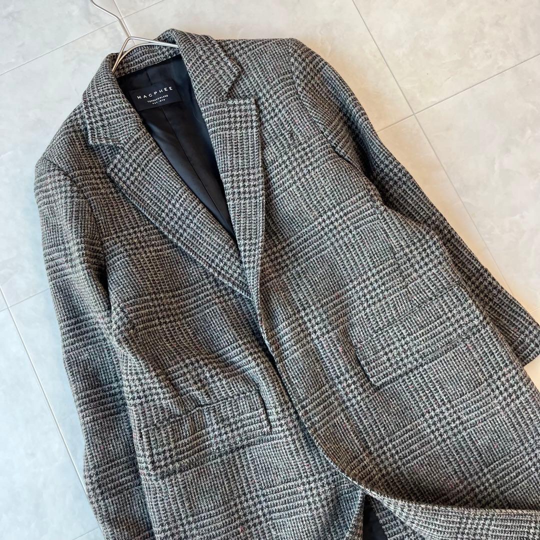 MACPHEE マカフィー 上質ウールグレンチェックロングコートグレー34