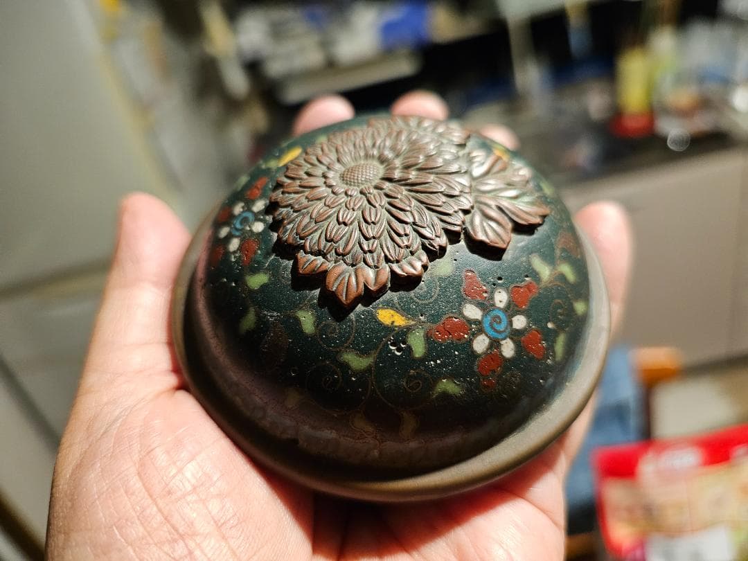 秋*田様 中国 清朝期末 七宝香合？ 景泰藍