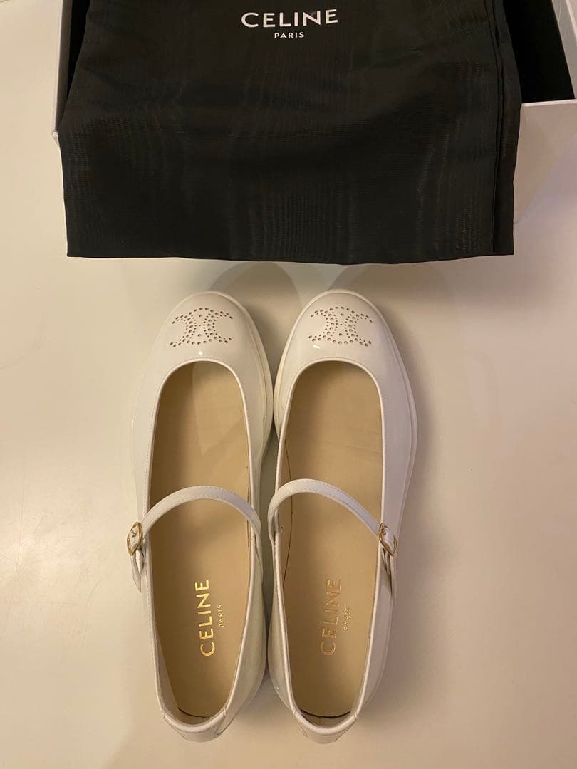 セリーヌ　ホワイト　パテント　厚底メリージェーン37