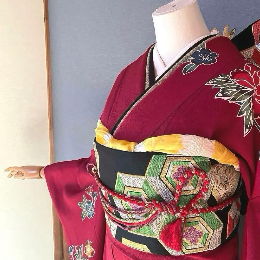 振袖フルセット　高身長　紅型　手描き友禅　成人式振袖　振袖　裄丈71 赤