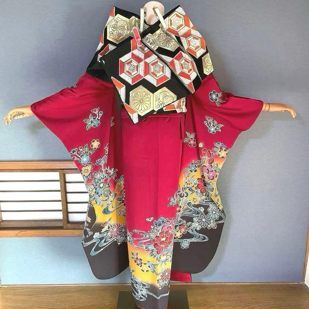 振袖フルセット　高身長　紅型　手描き友禅　成人式振袖　振袖　裄丈71 赤