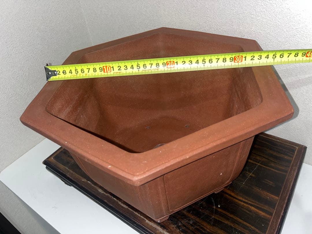 希少！！大型　朱泥六角切脚額入懸崖鉢　ラン鉢　正方　盆栽鉢