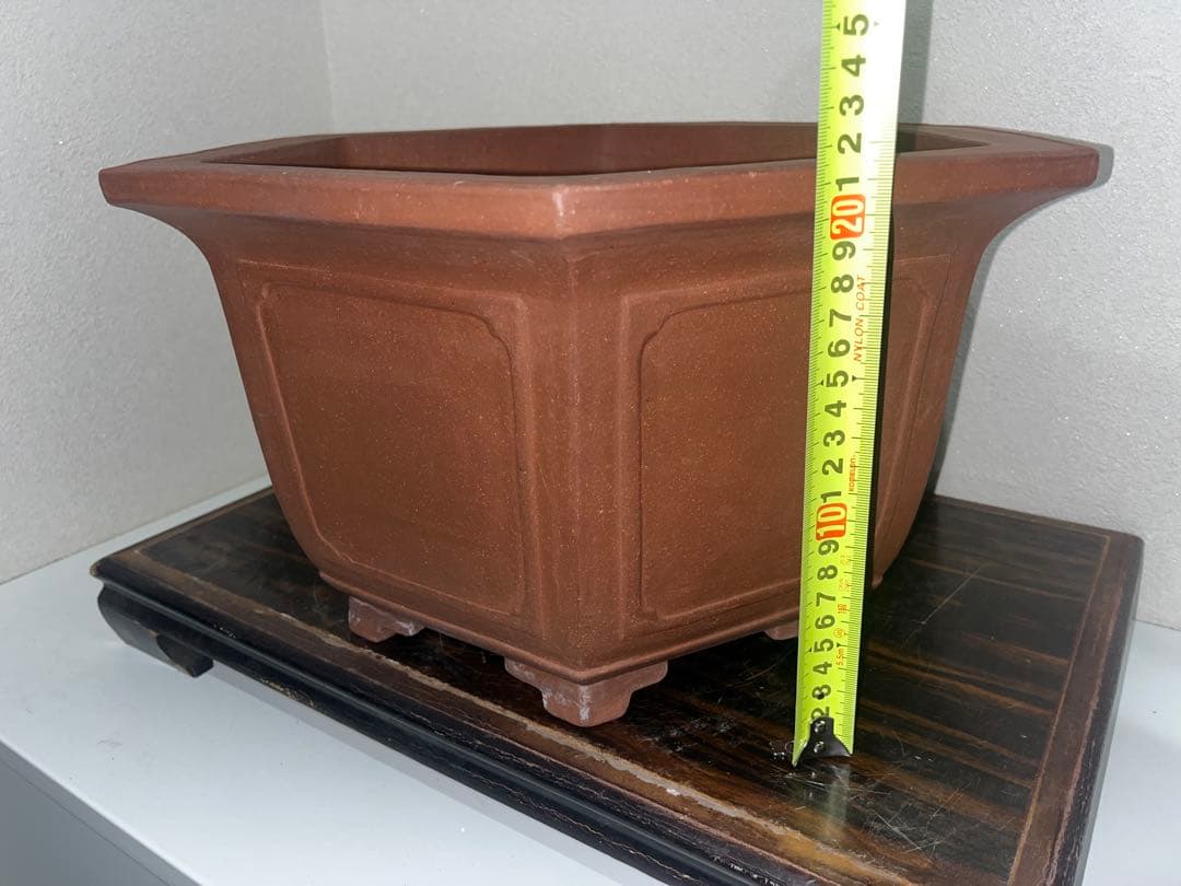 希少！！大型　朱泥六角切脚額入懸崖鉢　ラン鉢　正方　盆栽鉢