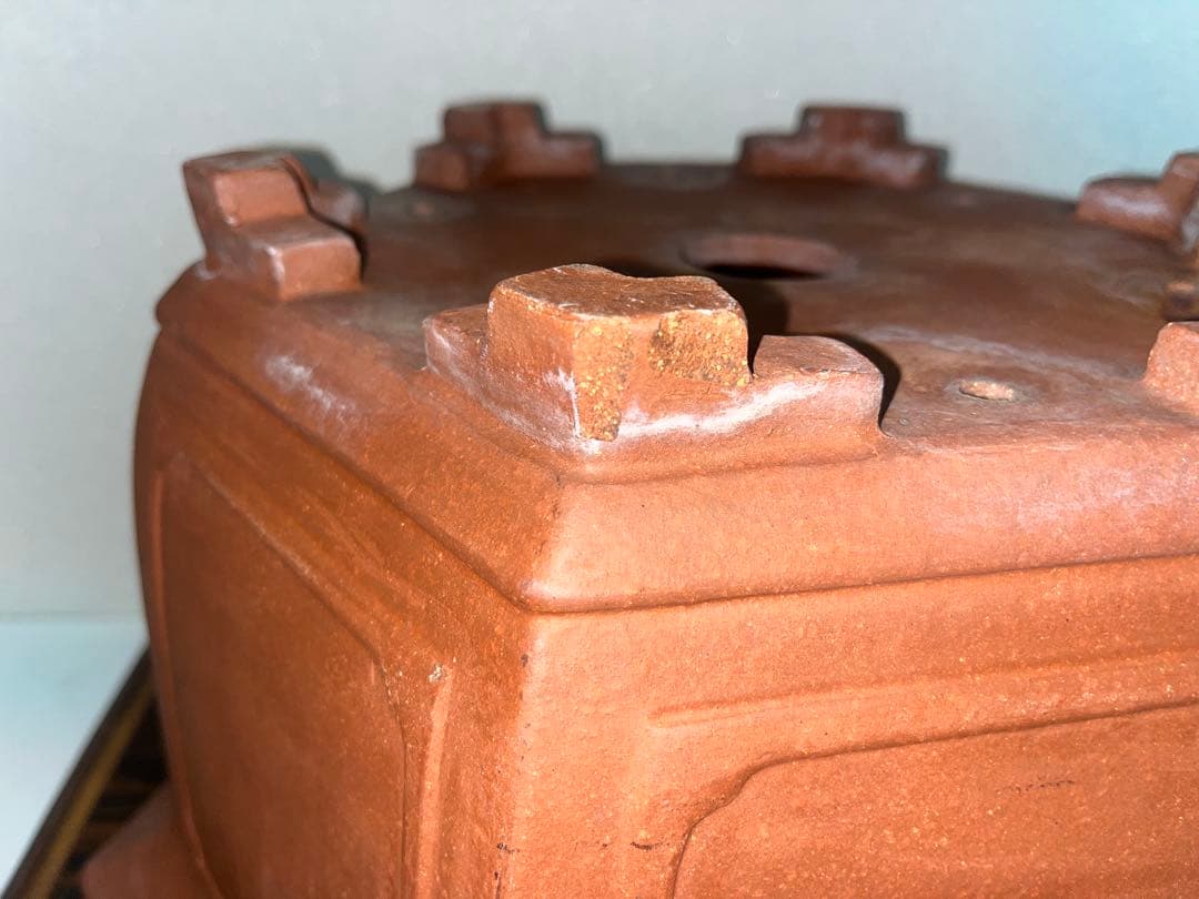 希少！！大型　朱泥六角切脚額入懸崖鉢　ラン鉢　正方　盆栽鉢