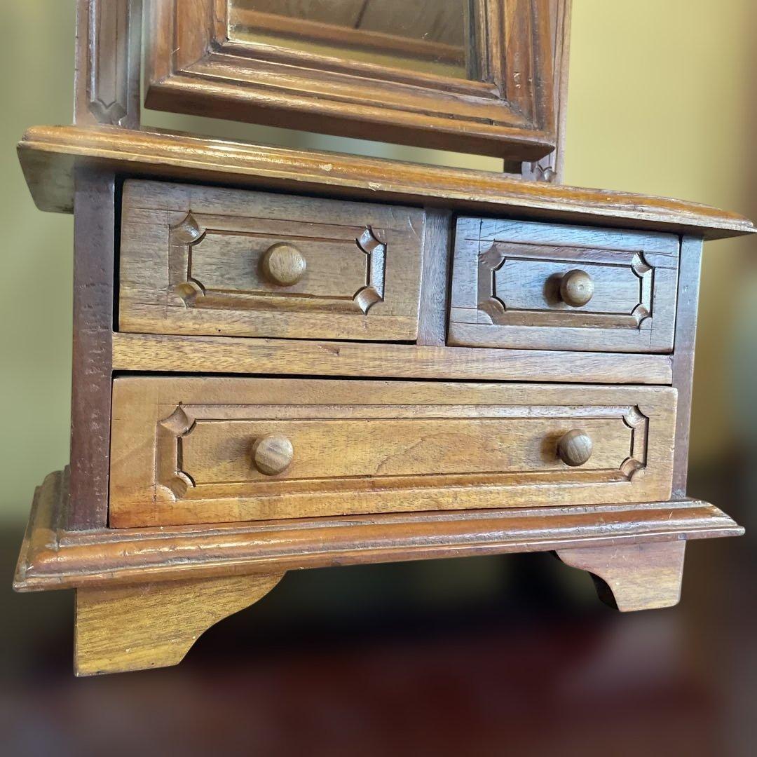 木製　ミラー付きミニチェスト　アンティーク　アクセサリー収納　ドレッサー　鏡台