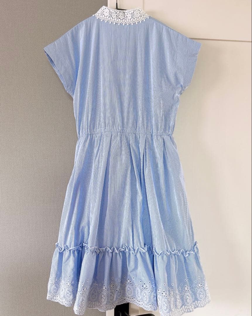 ケイトスペード サックスブルー 白 水色 ストライプ レース襟 半袖ワンピース
