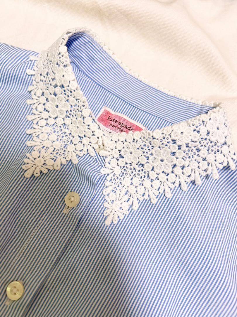 ケイトスペード サックスブルー 白 水色 ストライプ レース襟 半袖ワンピース