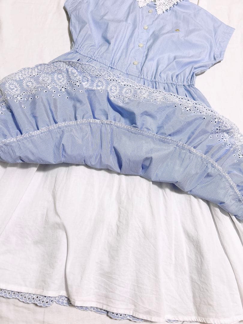 ケイトスペード サックスブルー 白 水色 ストライプ レース襟 半袖ワンピース