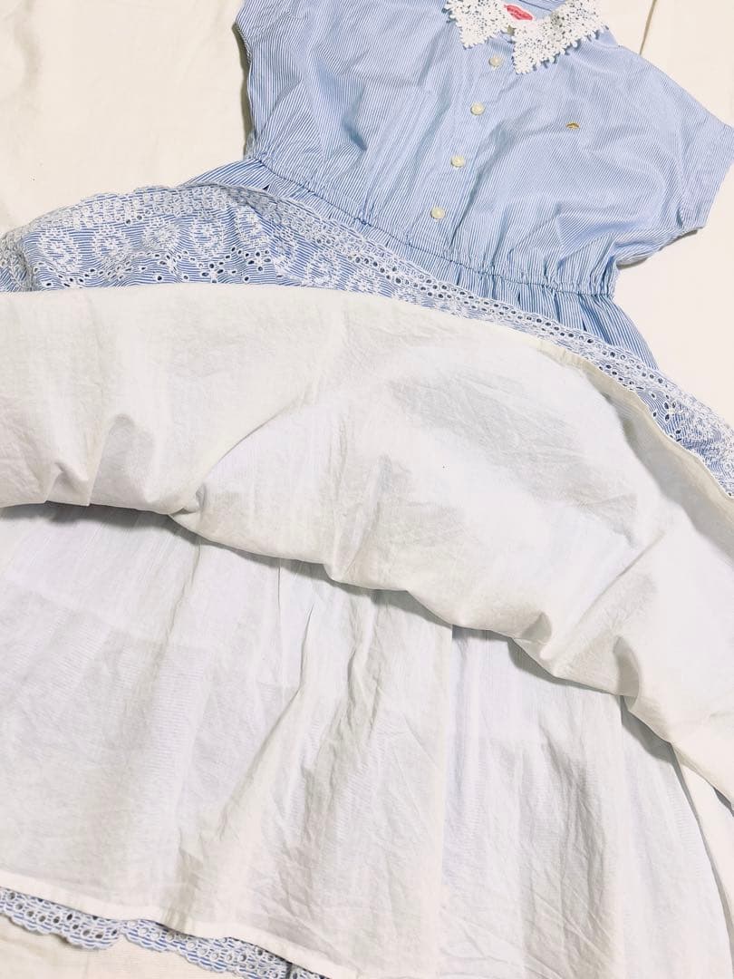 ケイトスペード サックスブルー 白 水色 ストライプ レース襟 半袖ワンピース