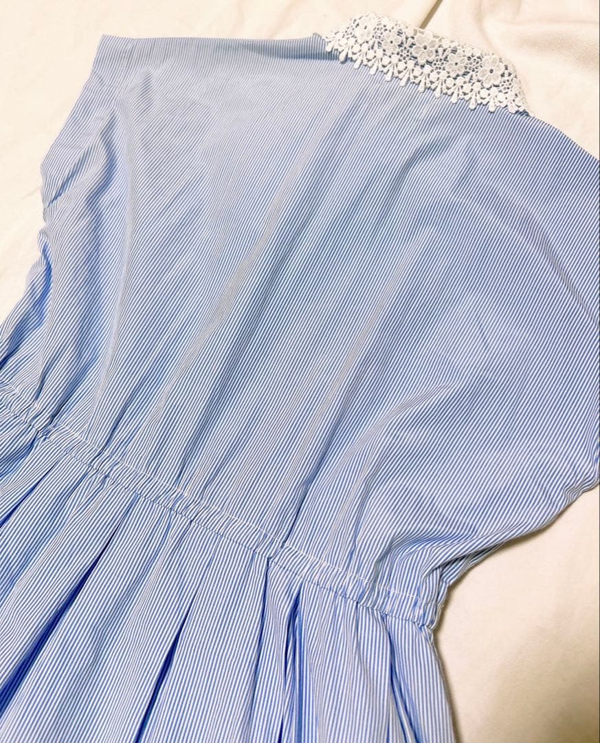 ケイトスペード サックスブルー 白 水色 ストライプ レース襟 半袖ワンピース