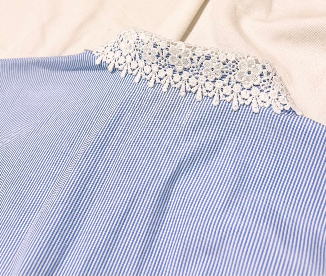 ケイトスペード サックスブルー 白 水色 ストライプ レース襟 半袖ワンピース