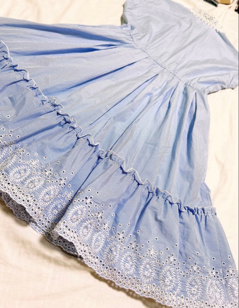 ケイトスペード サックスブルー 白 水色 ストライプ レース襟 半袖ワンピース