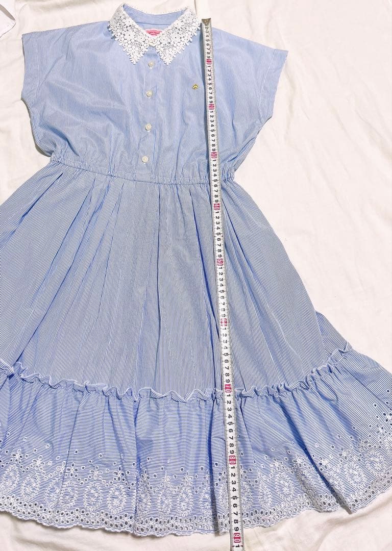 ケイトスペード サックスブルー 白 水色 ストライプ レース襟 半袖ワンピース