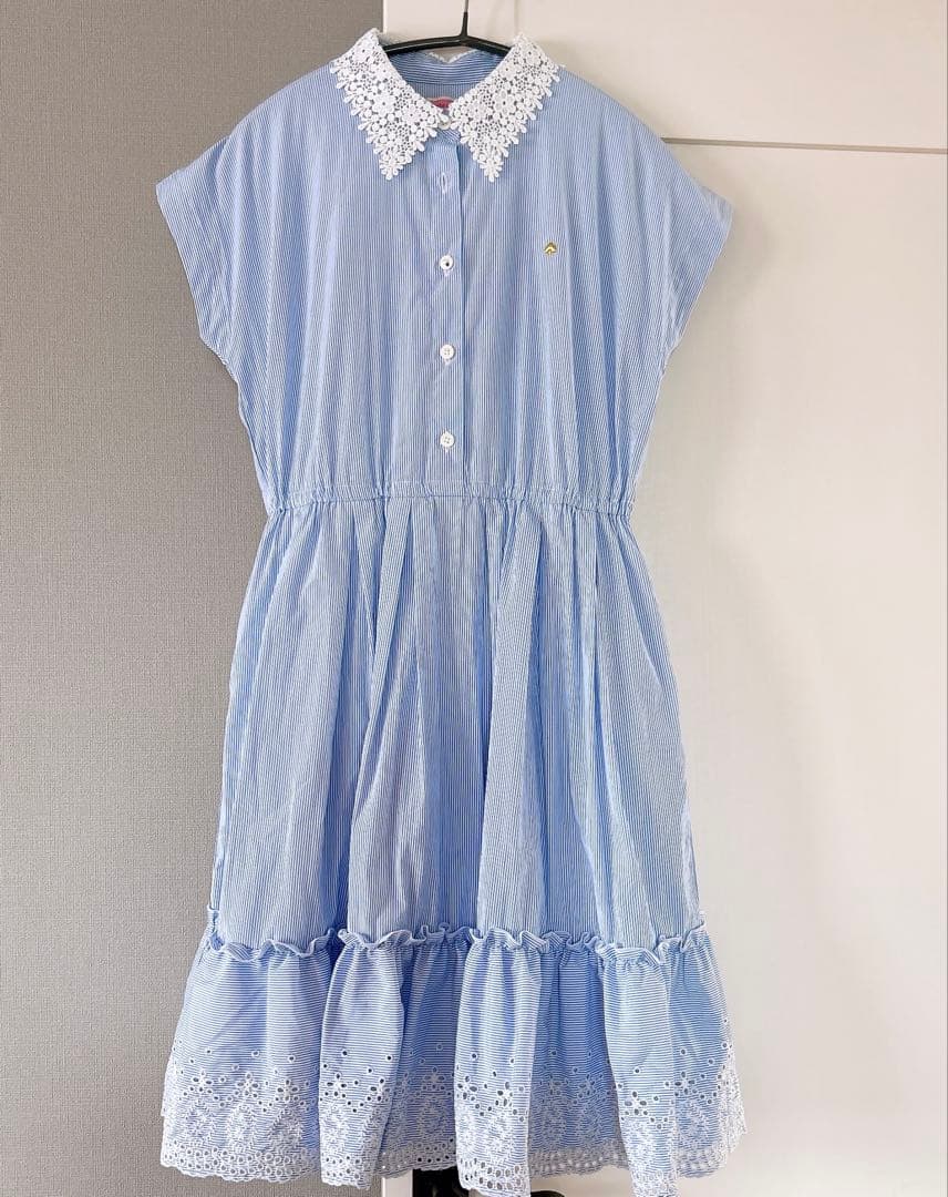 ケイトスペード サックスブルー 白 水色 ストライプ レース襟 半袖ワンピース