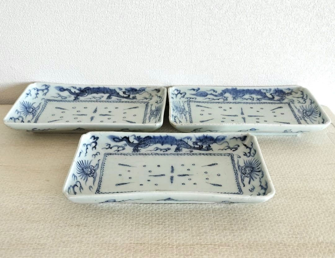 kico☆　３枚組　古伊万里　染付　線描　雲龍文　長皿