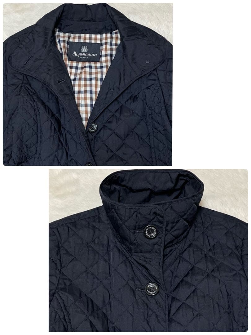 美品　アクアスキュータム　シャドーチェック　キルティング　ステンカラーコート　紺
