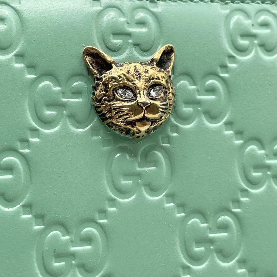 日本限定カラー グッチ リネアキャット シマ 長財布 ミント ラウンドファスナー