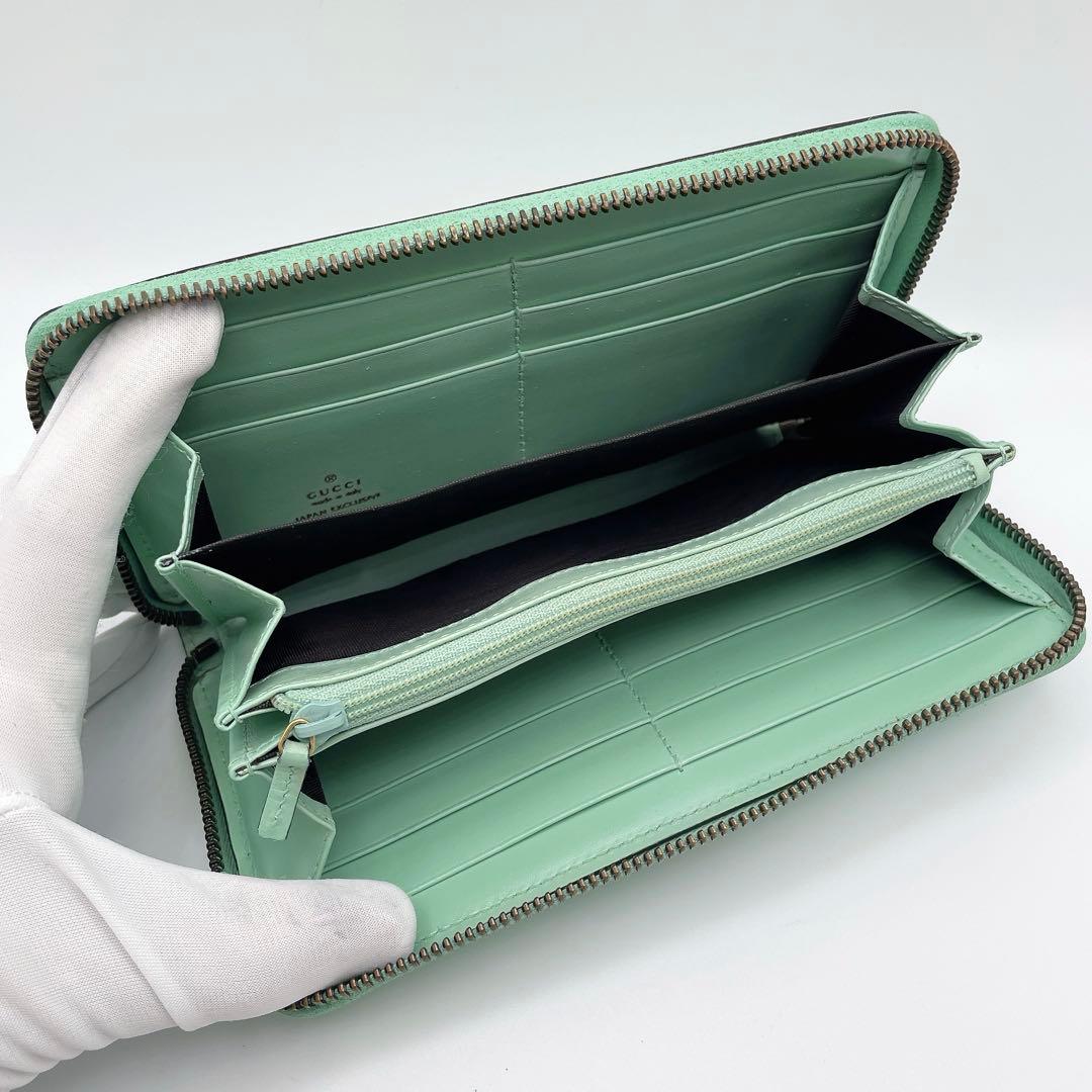 日本限定カラー グッチ リネアキャット シマ 長財布 ミント ラウンドファスナー