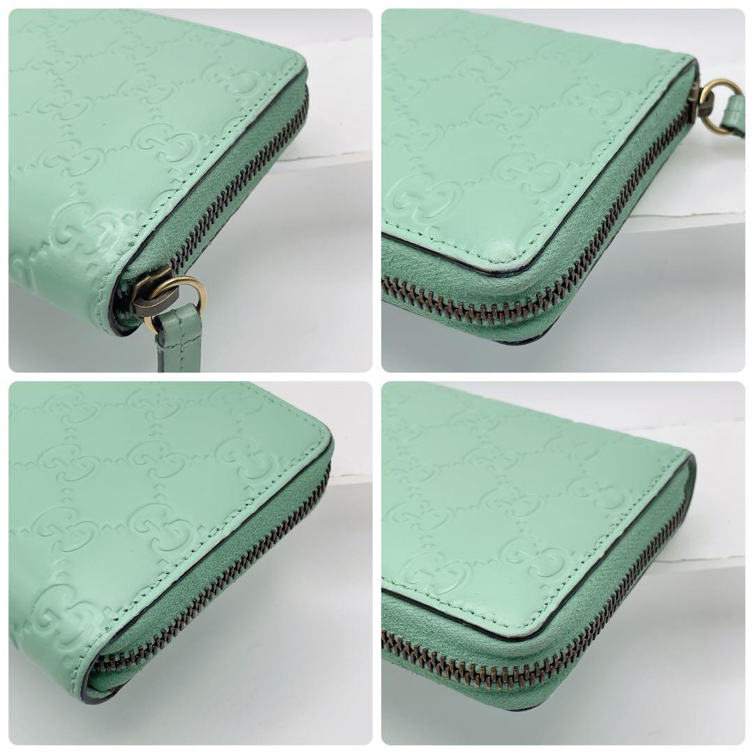日本限定カラー グッチ リネアキャット シマ 長財布 ミント ラウンドファスナー