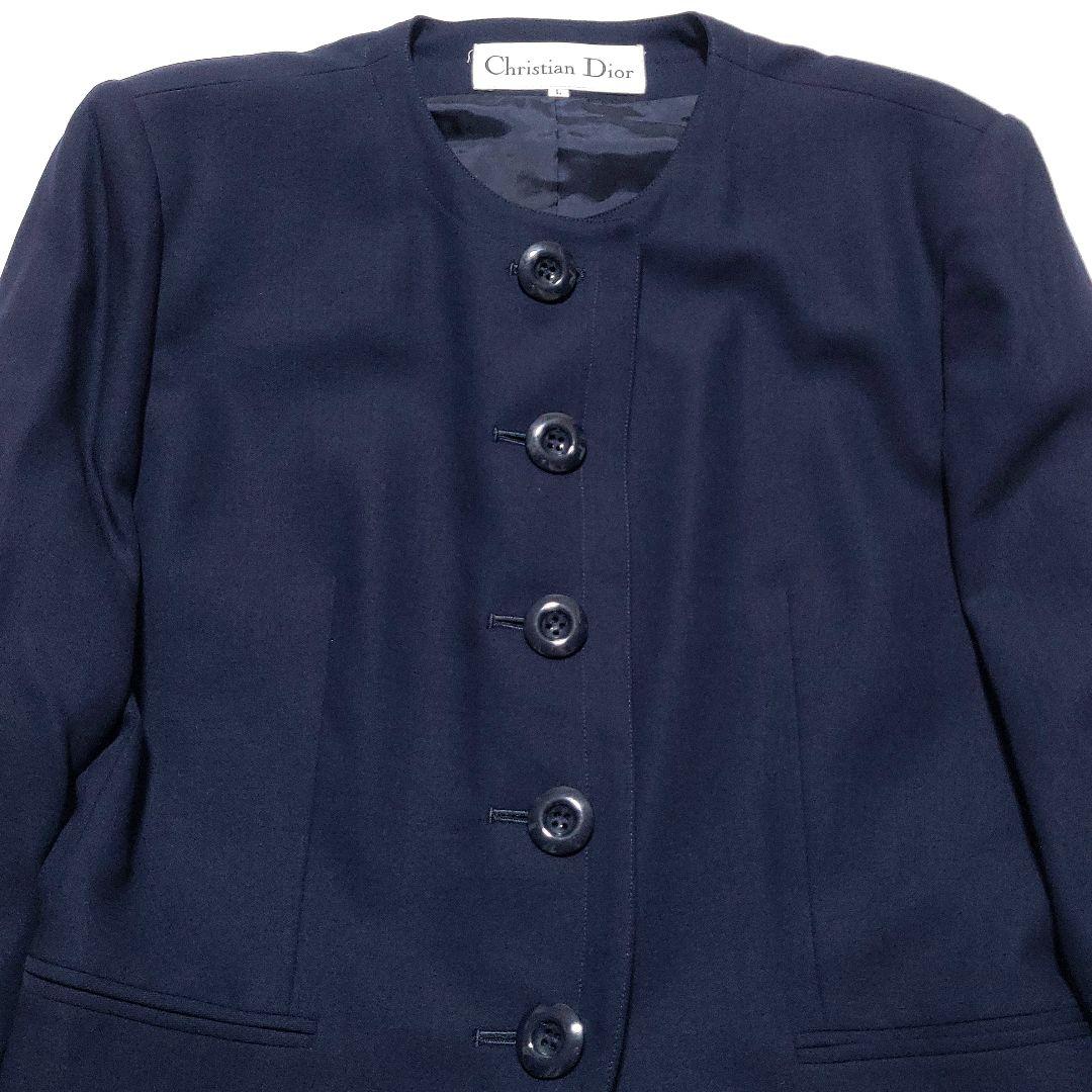 美品♡Dior　スカートスーツセットアップ ノーカラー ウール 大きいサイズ 紺