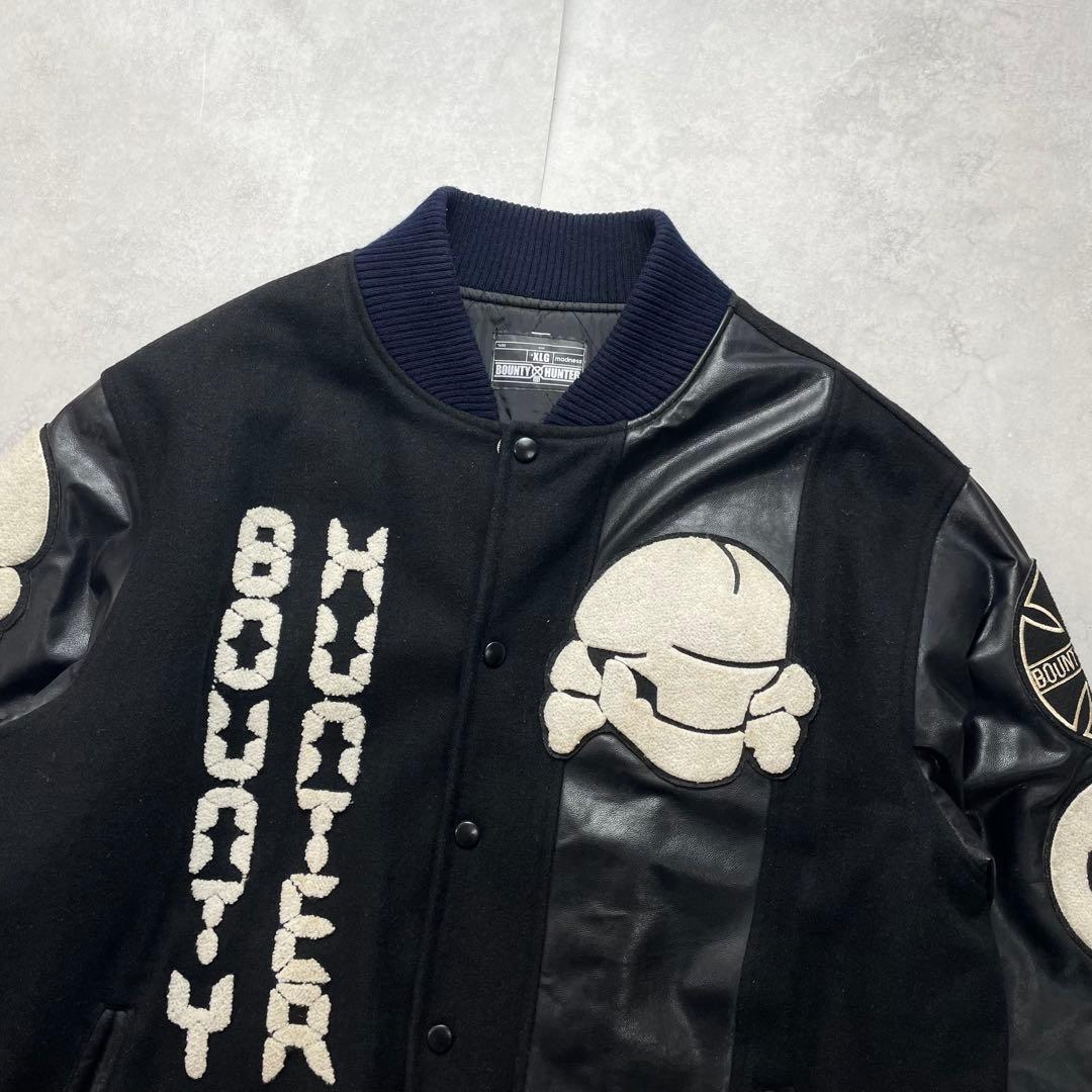 希少2XL バウンティハンター スタジャン 袖レザー スカル 刺繍ワッペン 黒