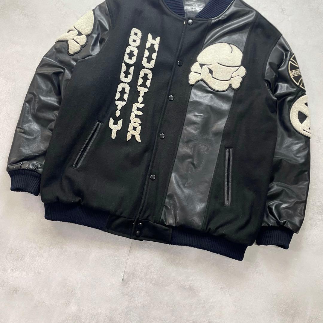 希少2XL バウンティハンター スタジャン 袖レザー スカル 刺繍ワッペン 黒