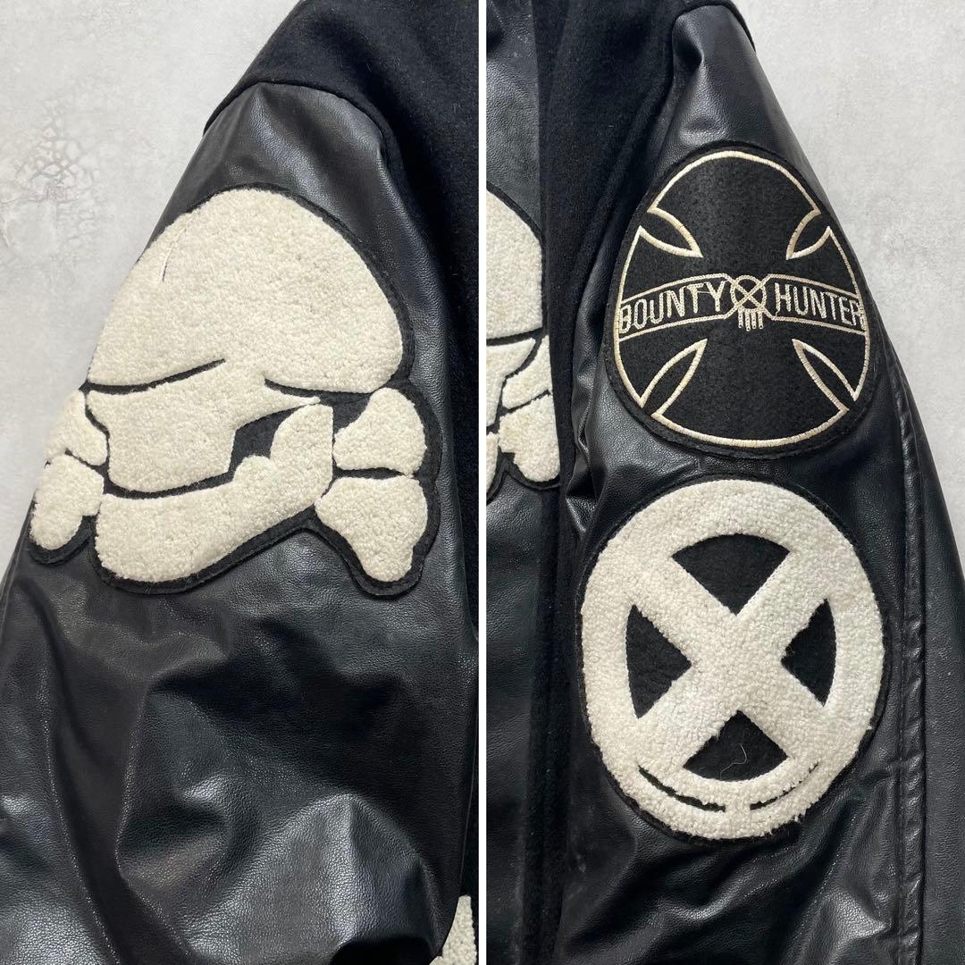 希少2XL バウンティハンター スタジャン 袖レザー スカル 刺繍ワッペン 黒
