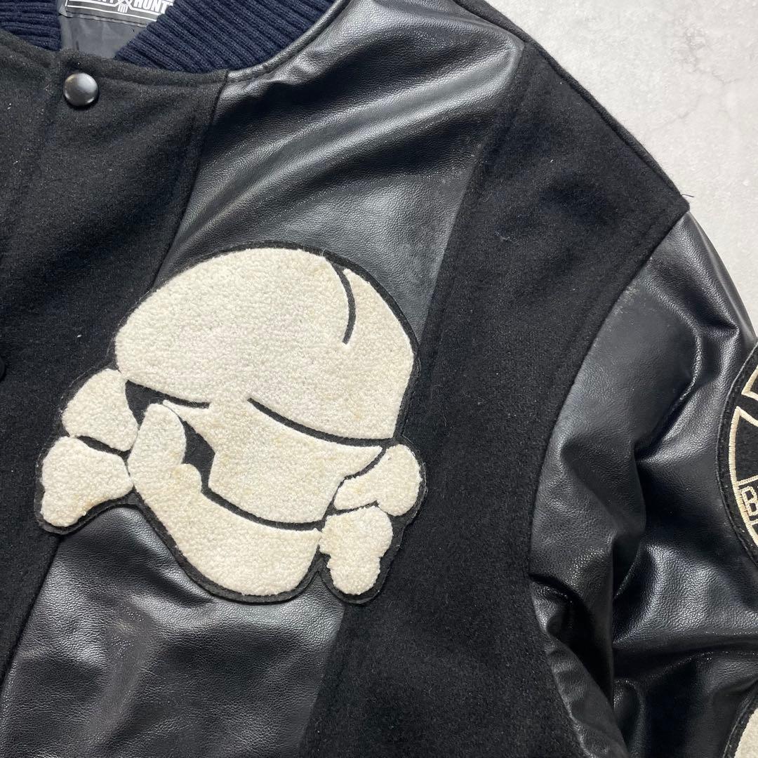 希少2XL バウンティハンター スタジャン 袖レザー スカル 刺繍ワッペン 黒