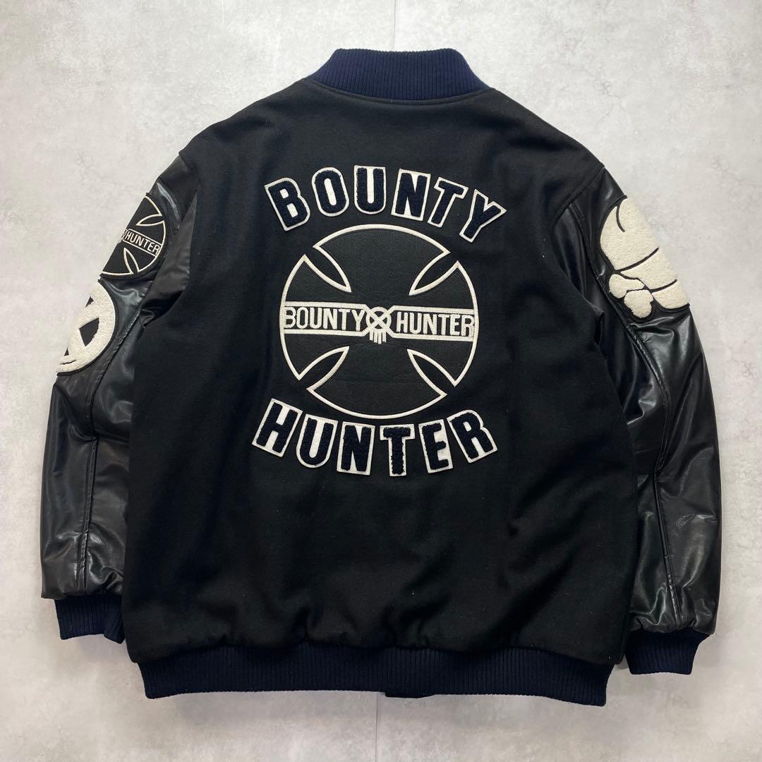 希少2XL バウンティハンター スタジャン 袖レザー スカル 刺繍ワッペン 黒