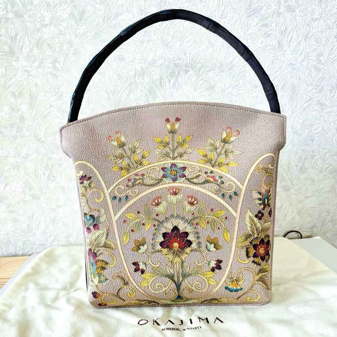 【極美品】オカジマ　皇室御用達　和装バッグ　絹100% 保存袋　利休　花柄　刺繍