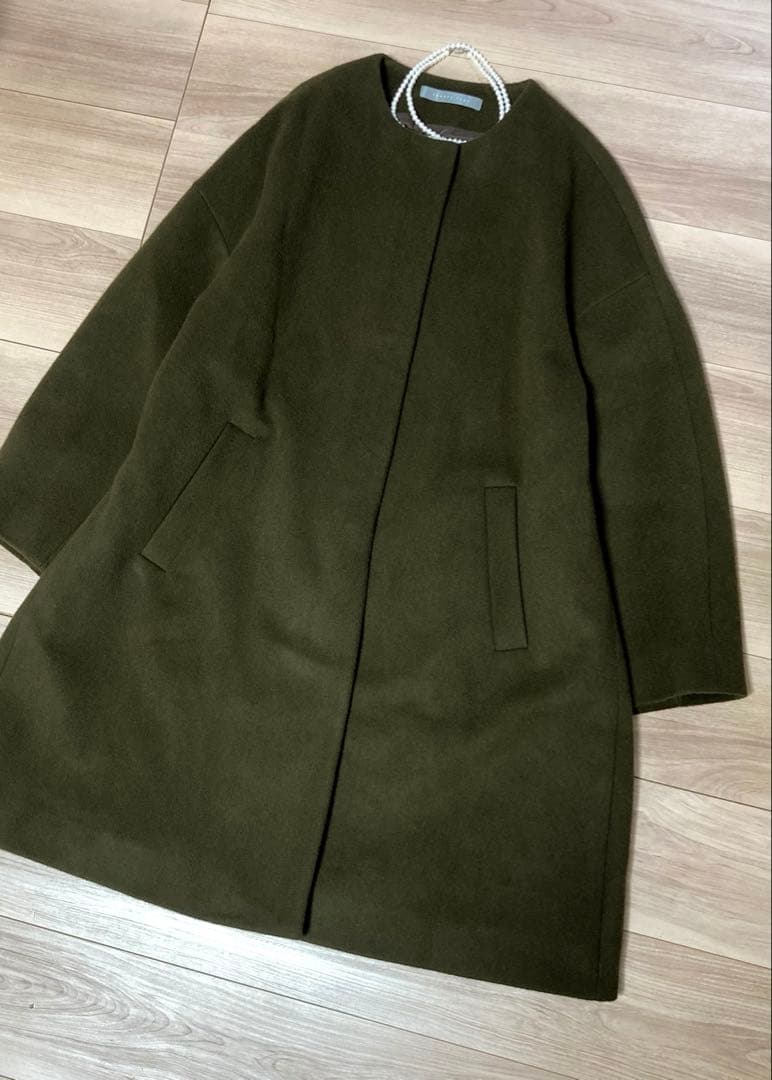 1.2回着　美品　セオリーリュクス　MIHA ノーカラー　コート　カーキ　38