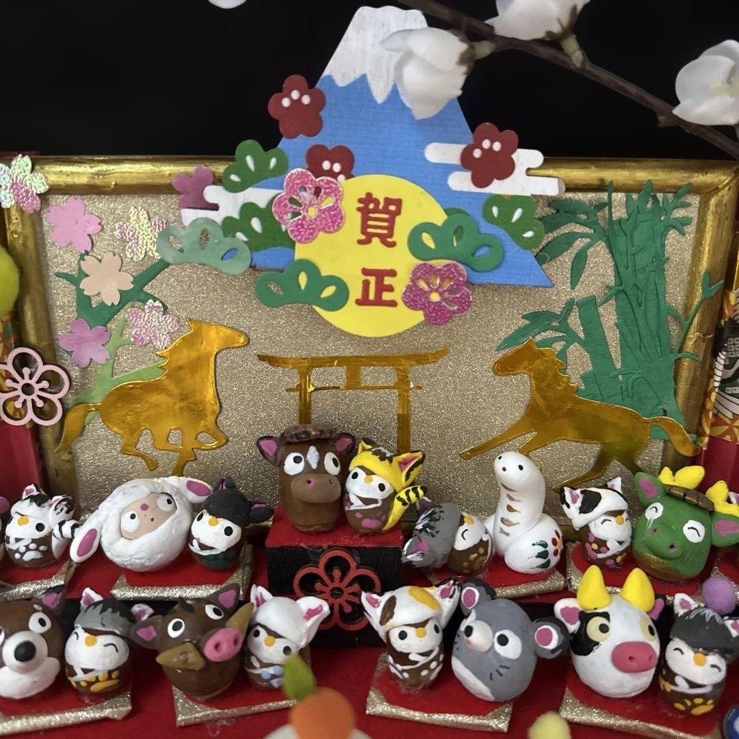 どんぐりアート♡2026年度　祝　お正月猫帽子BIGオブジェ　一点物♡