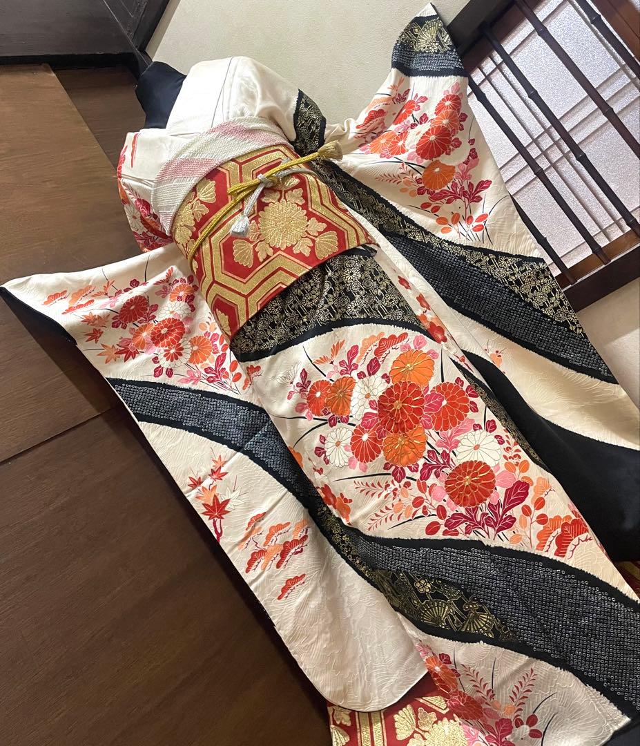 振袖 フルセット6点サイズM〜Ｌ駒刺繍　絞り　檜扇枝花文　金彩　正絹