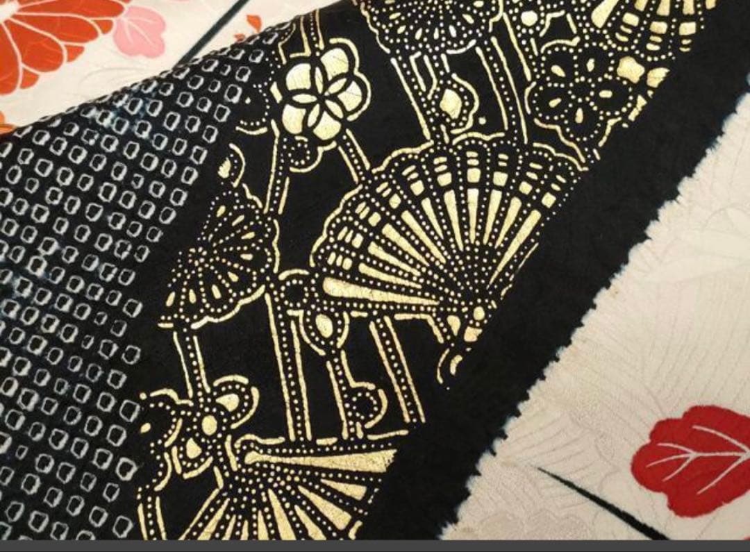 振袖 フルセット6点サイズM〜Ｌ駒刺繍　絞り　檜扇枝花文　金彩　正絹