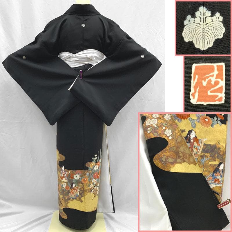 512mo33〇作家物 黒留袖 五つ紋 比翼付き 金彩 花車 童〇状態良好