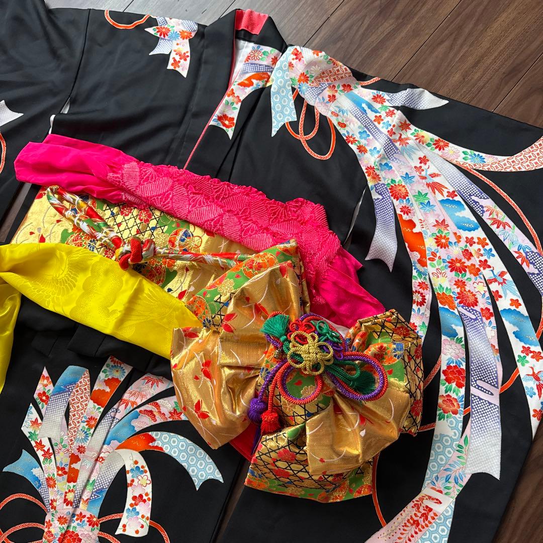 七五三　フルセット　アンティーク　7歳　黒　古典柄