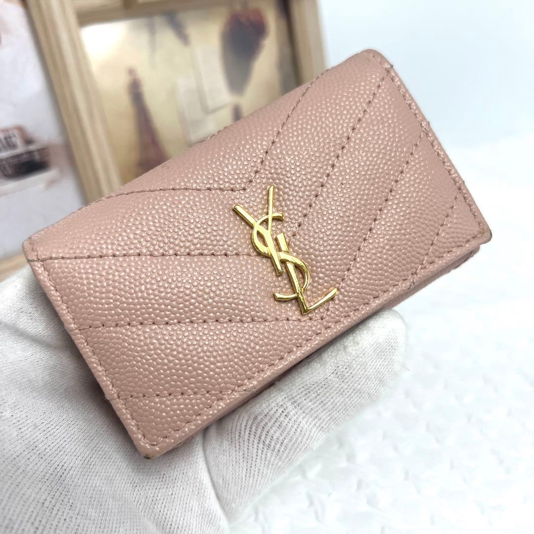 ✨極美品✨YSLサンローラン　4連キーケース　キャビアスキン　Vステッチ　ピンク